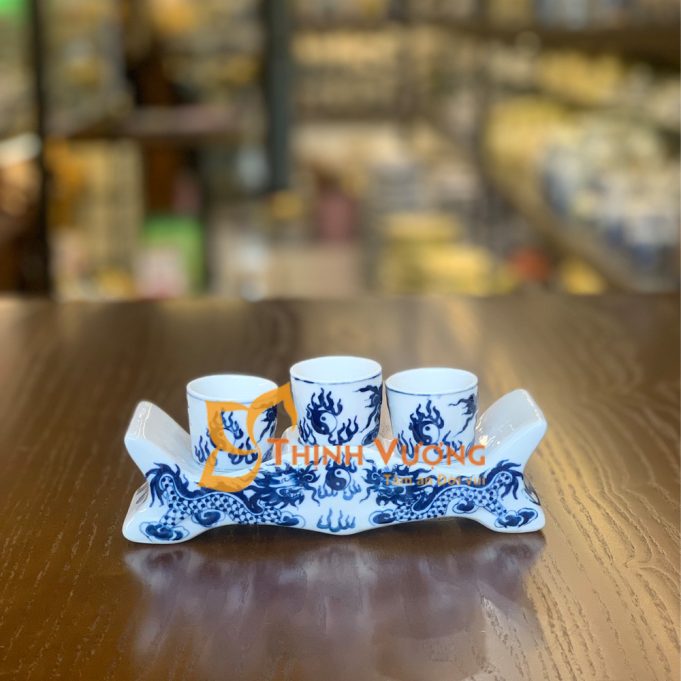 Kỷ chén thờ 3 chén men lam xanh nổi giá rẻ