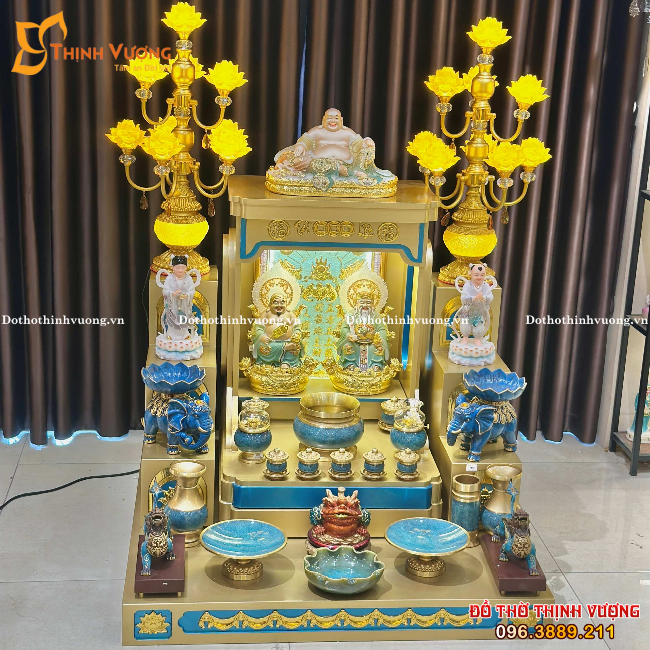 Bộ Ban Thần Tài HDSG Vàng Gold + Bộ Thờ Đá Bọc Đồng Xanh
