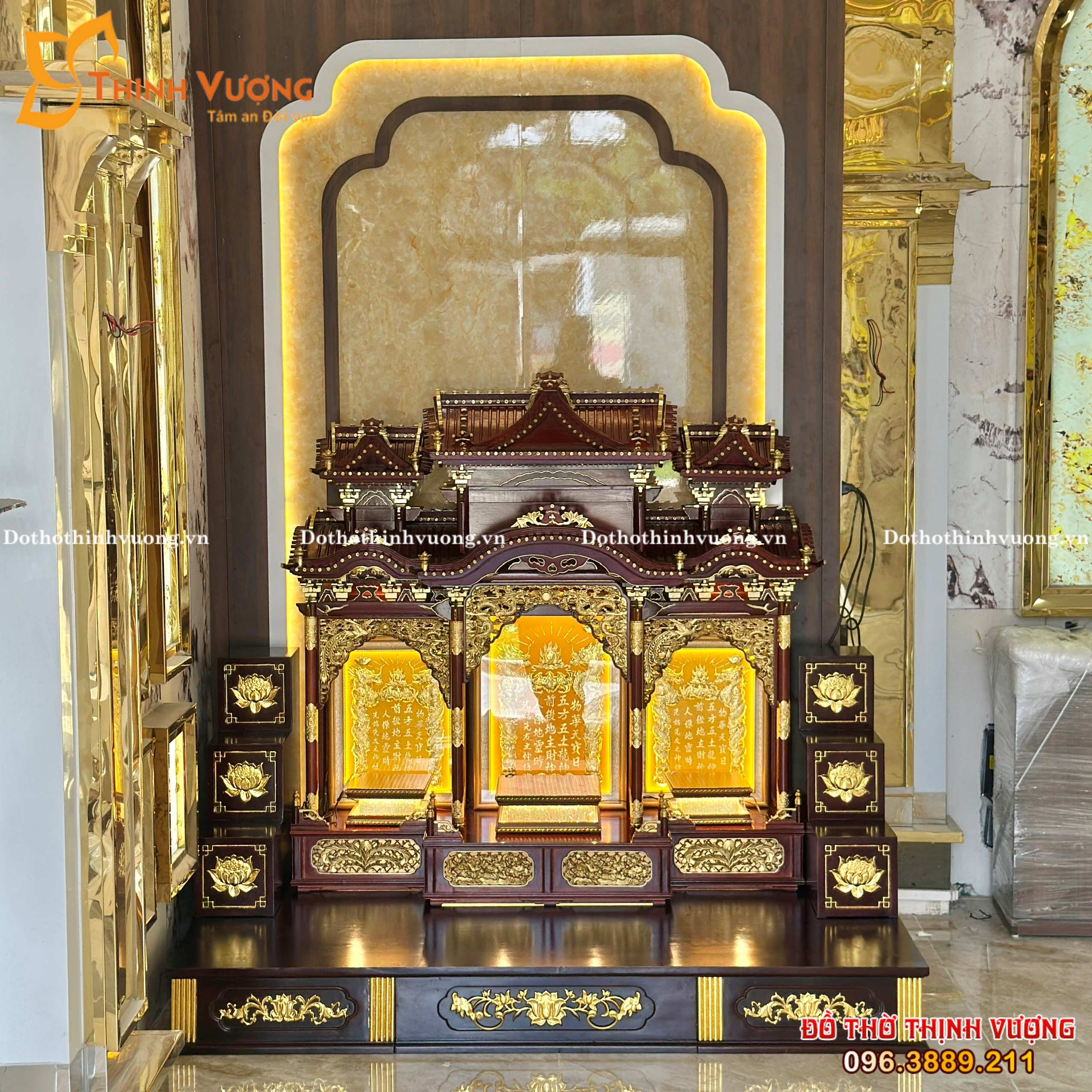 Bộ Ban Thờ Thần Tài 3 Gian Hương Màu Tối