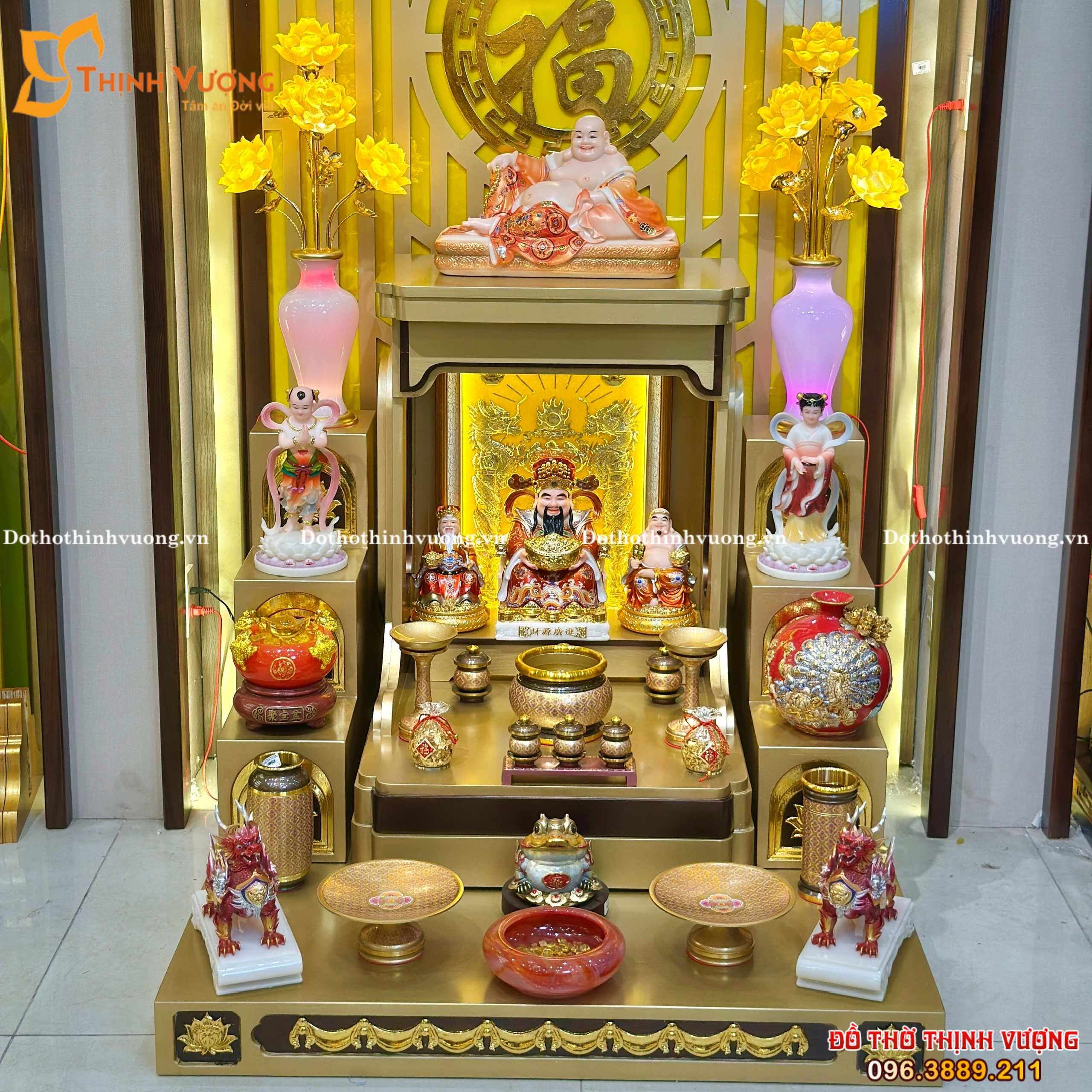 Bộ Ban Thần Tài HDSG Vàng Nâu Đất + Bộ Thờ Hoa Văn Đồng