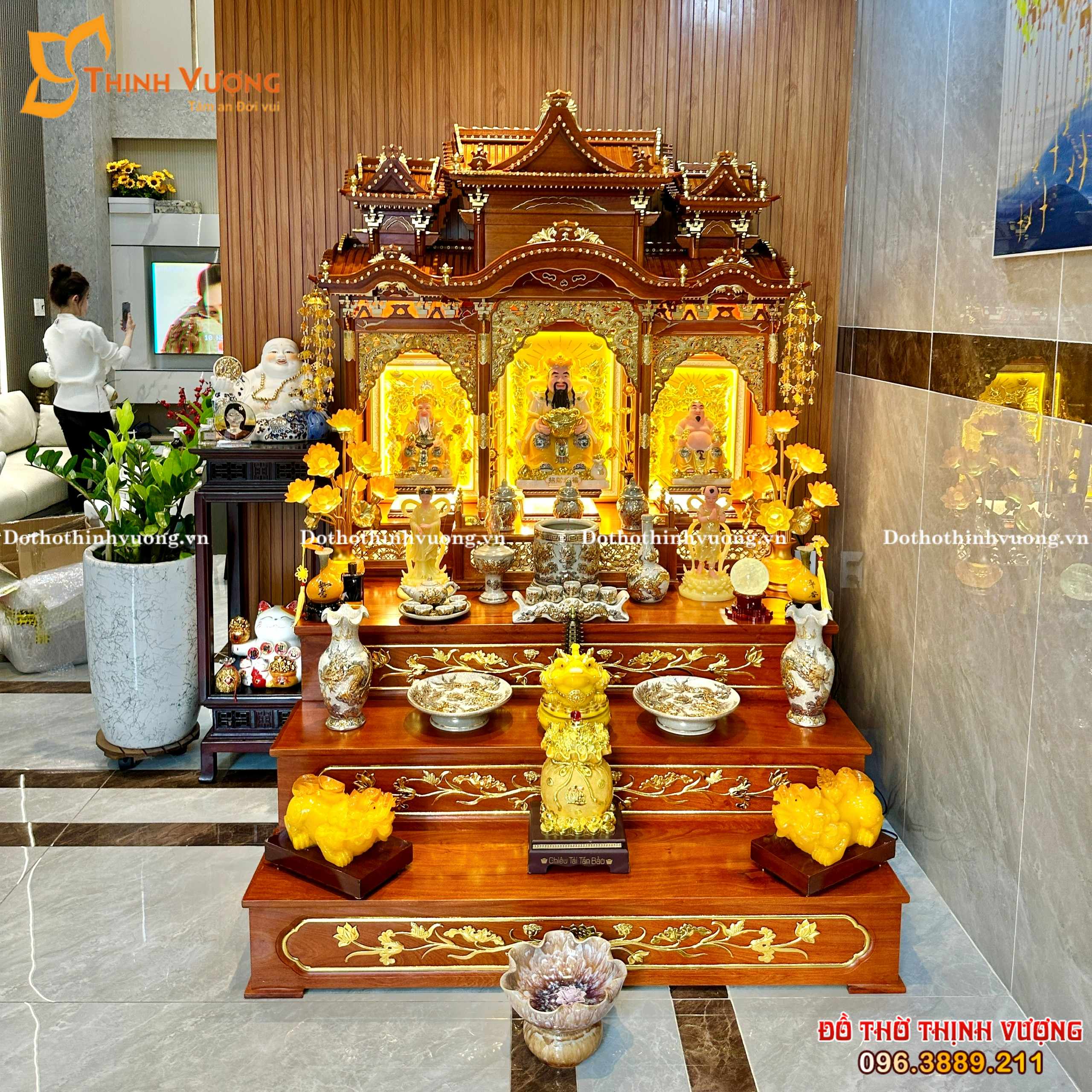Bộ 3 Gian Gỗ Hương + Sứ Rạn Nổi Vẽ Vàng