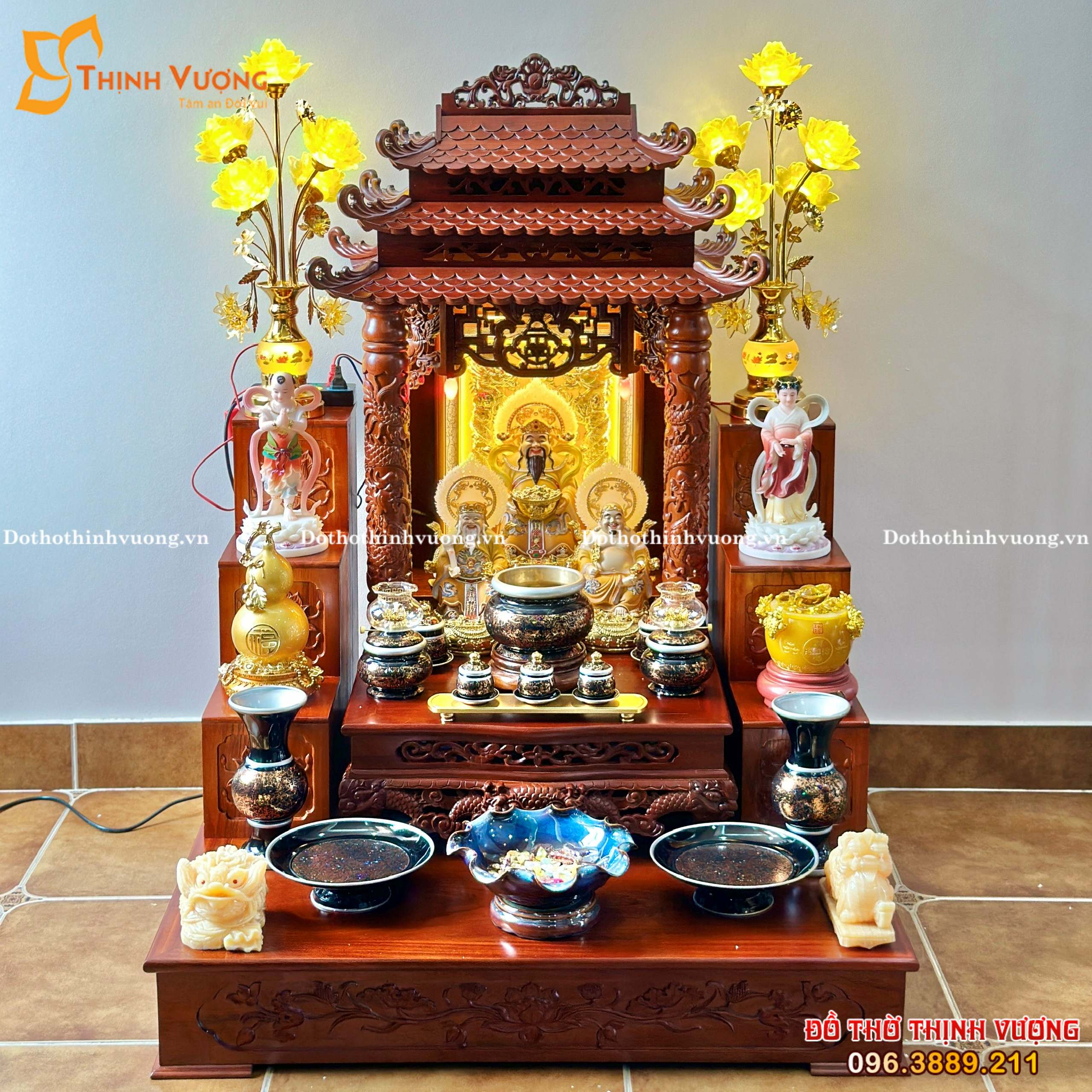 Bộ Ban Thần Tài 3 Mái Gỗ Gõ + Đồ Thờ Đồng Xanh Đen