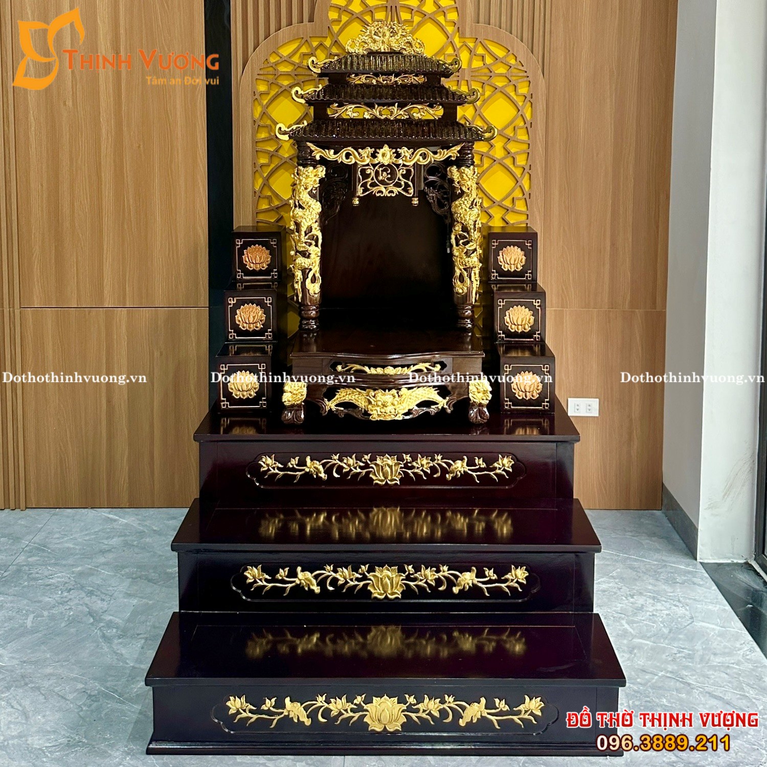Bộ Ban Thần Tài 3 Mái Xoan Dát Vàng + Kệ 3 Tầng