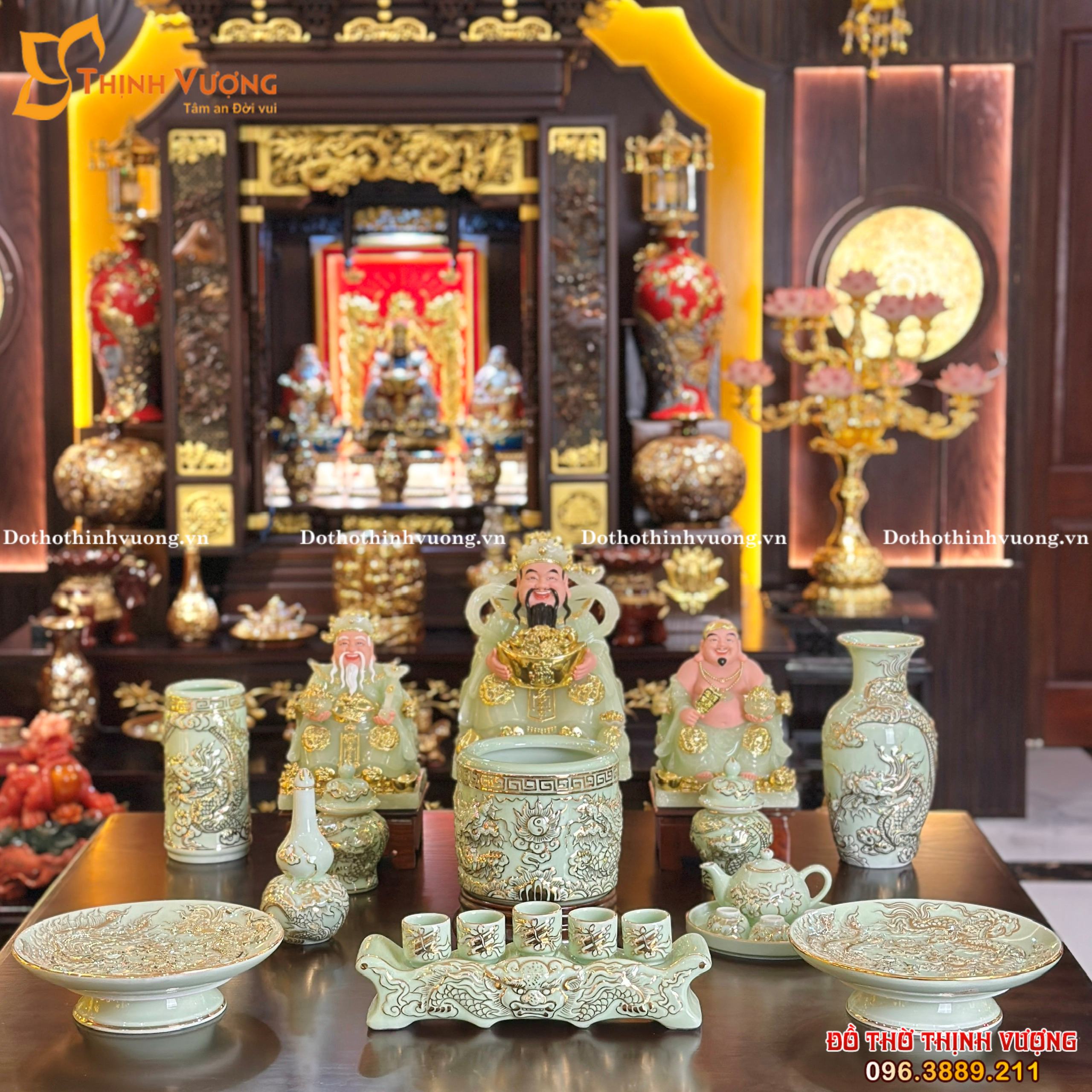 Bộ Thờ Cúng Xanh Cốm Vẽ Vàng + Tài Địa PQ VN Xanh Cốm
