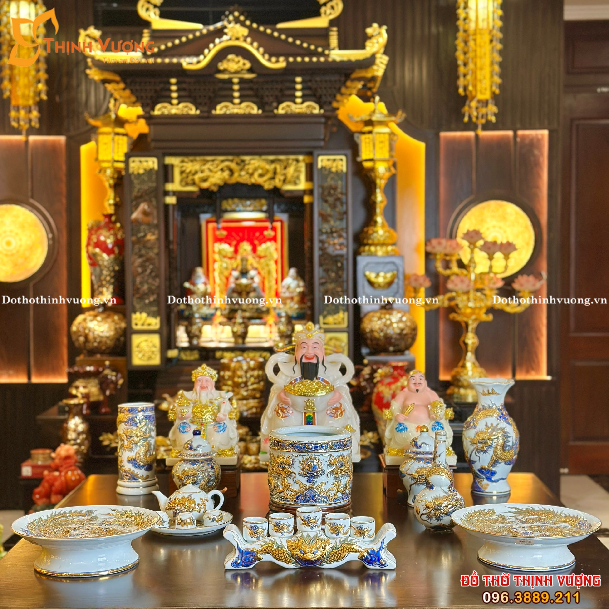 Bộ Thờ Cúng Xanh Trắng VTA Vẽ Vàng + Tài Địa PQ VN Trắng