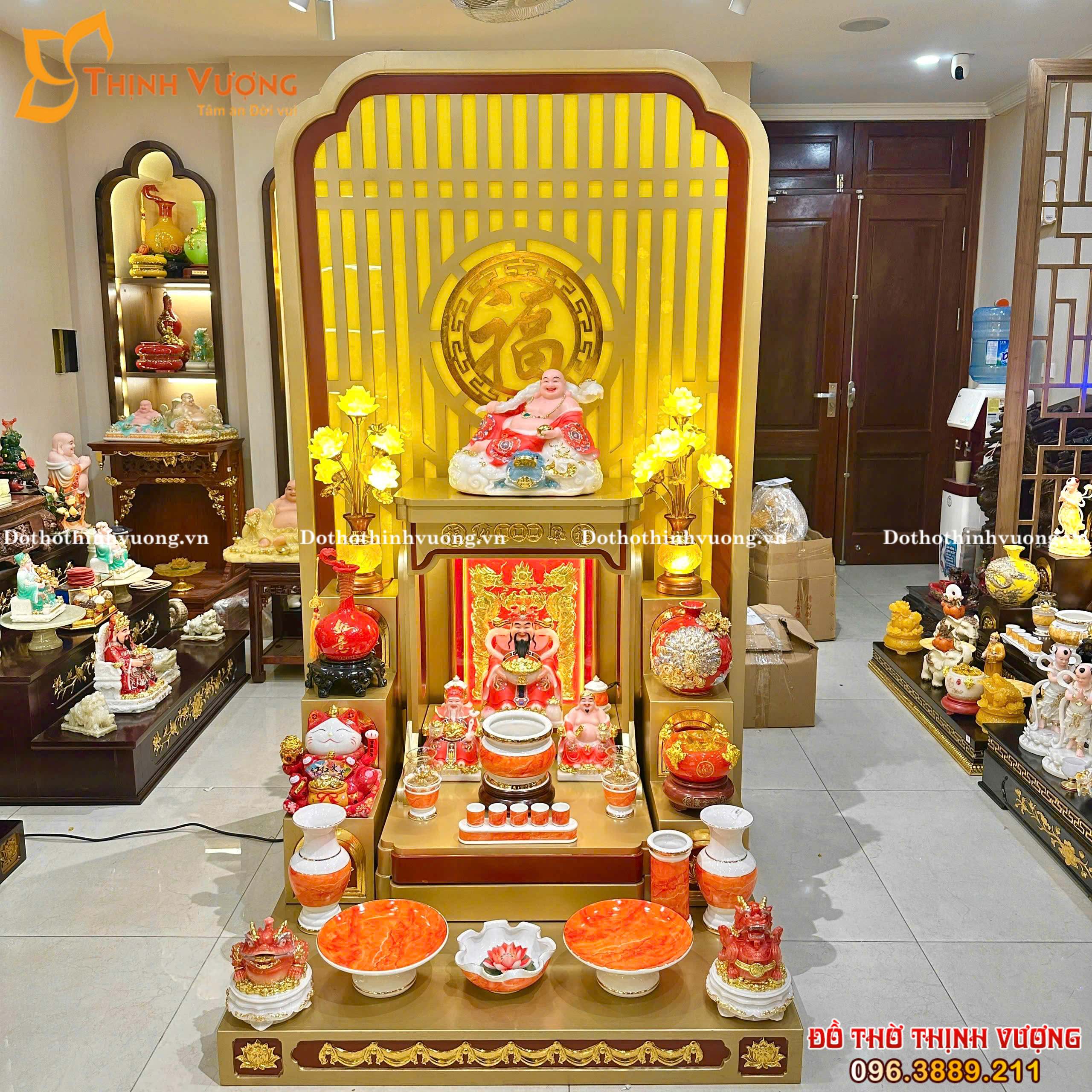 Bộ Ban Thờ Hỏa Vượng Phúc Chiêu + Bộ Đồ Sứ Đá Đỏ HR